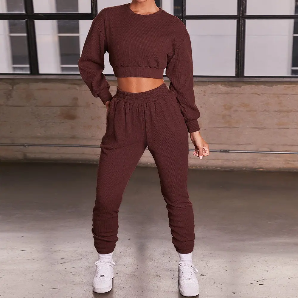

Spot 2020 Autumn Winter Womens Cross Border Casual Fashion Long Sleeved Short Top Trousers Sports Two Piece Suit