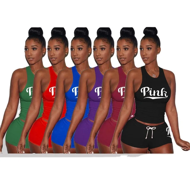 

Short Sets Women Two Piece Sportswear Polyester & Cotton Plus Size Breathable Short & Tank Top Printed Letter, Picture