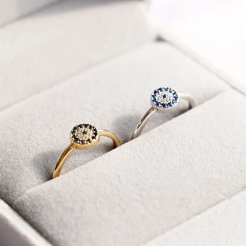 

In Stock 2 Colors Opened Adjustable Blue Crystal Evil Eye Rings 925 Sterling Silver Jewelry for Women