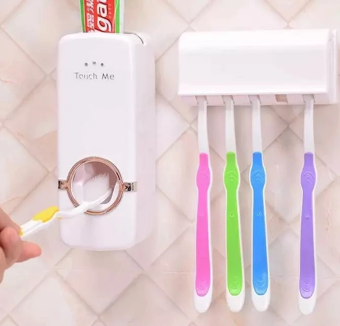 

Multi-Functional Organizer Space Saving Wall Mount Toothpaste Squeezer Dispenser with Toothbrush Holder