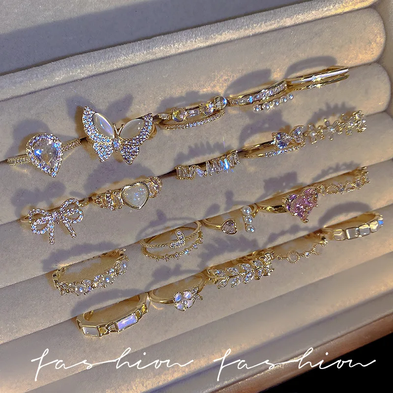 

20 Styles 18k Gold Plated Opal Open Finger Rings Fashion Jewelry Shiny Crystal Bows Pearl Flower Iced Out Zircon Love Heart Ring