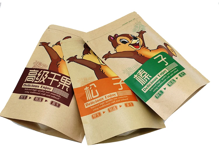 Reusable zipper vertical packaging custom logo printed brown kraft food bag