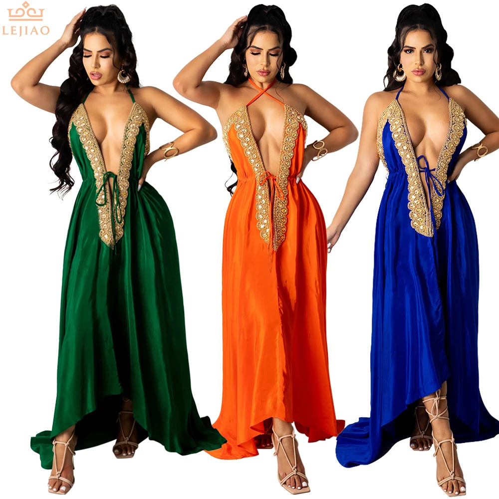 

2021 Prom Dresses Women's dress V-collar halter Hollow out Irregular hem Length to ground Frenulum fashion wholesale, Picture