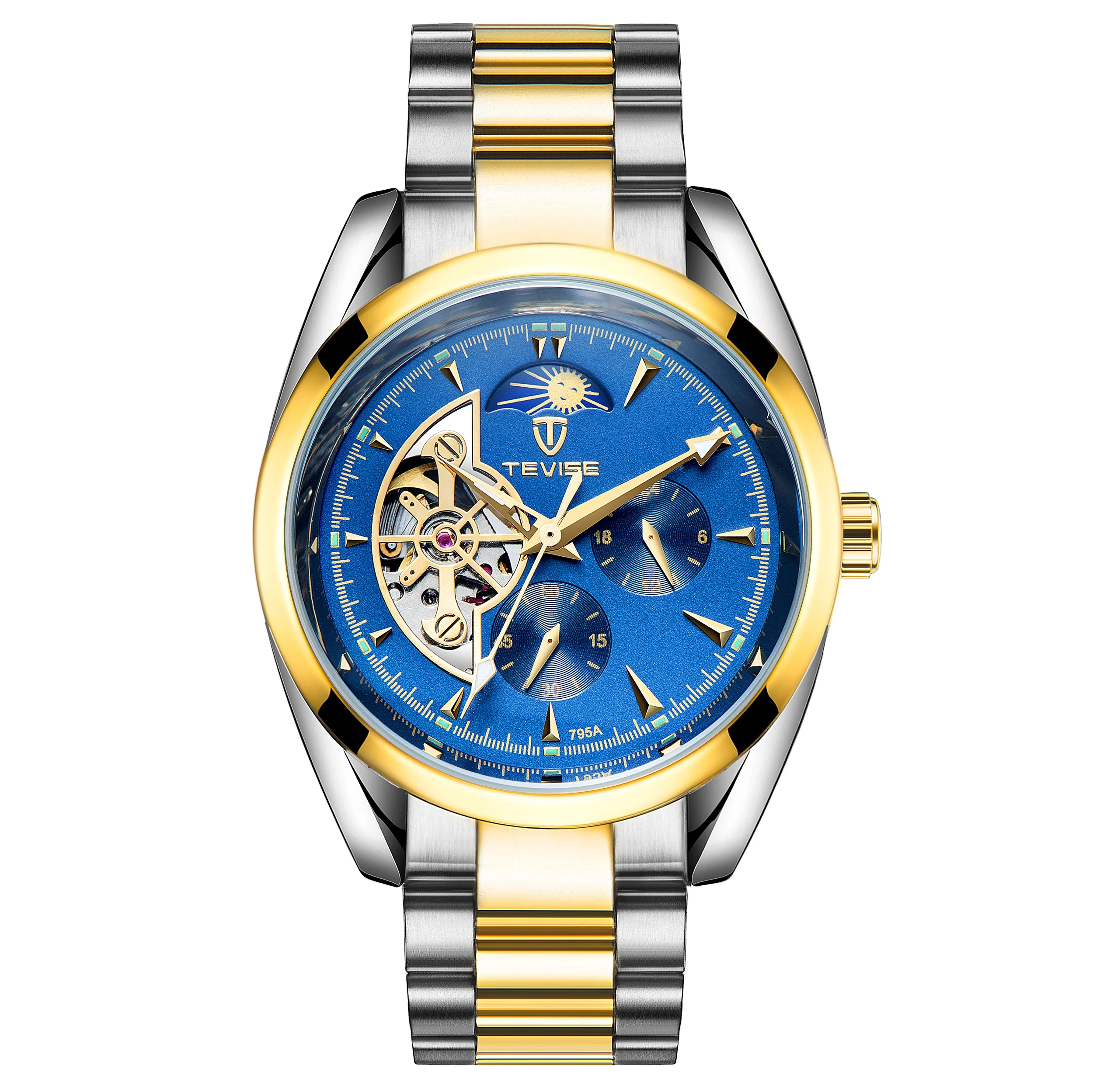 

tevise 795a mechanical watch automatic moon phase golden blue tourbillon skeleton, 13 color options