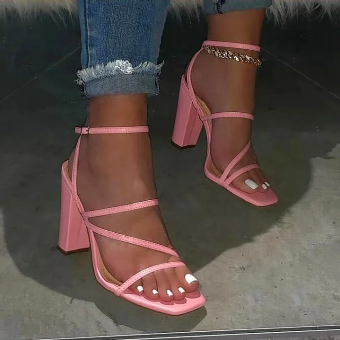

Women's High Heels Strappy Sandals Pink Chunky Heel Pumps Square Open toe Shoes Woman, Pink white brown