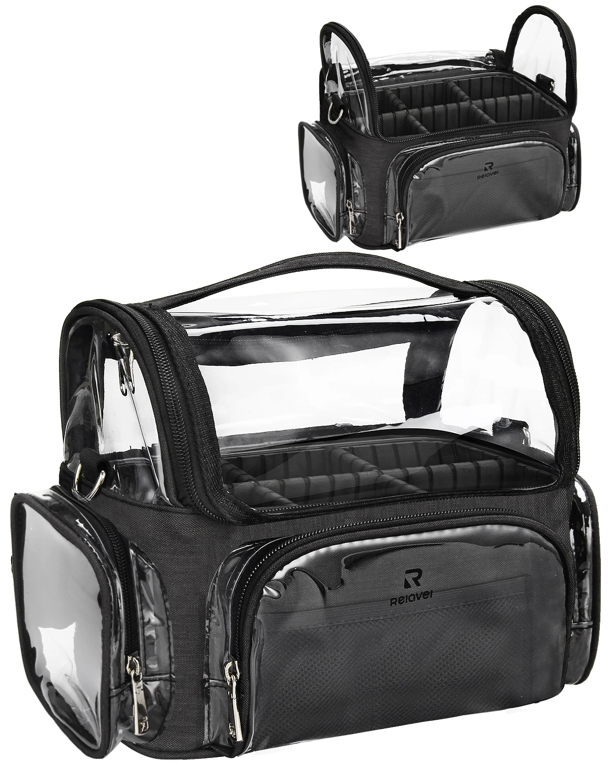 Relavel Partition Transparent Cosmetic Bag Vertical Makeup Brush Holder Travel Professional Cosmetic Bag with Shoulder Strap