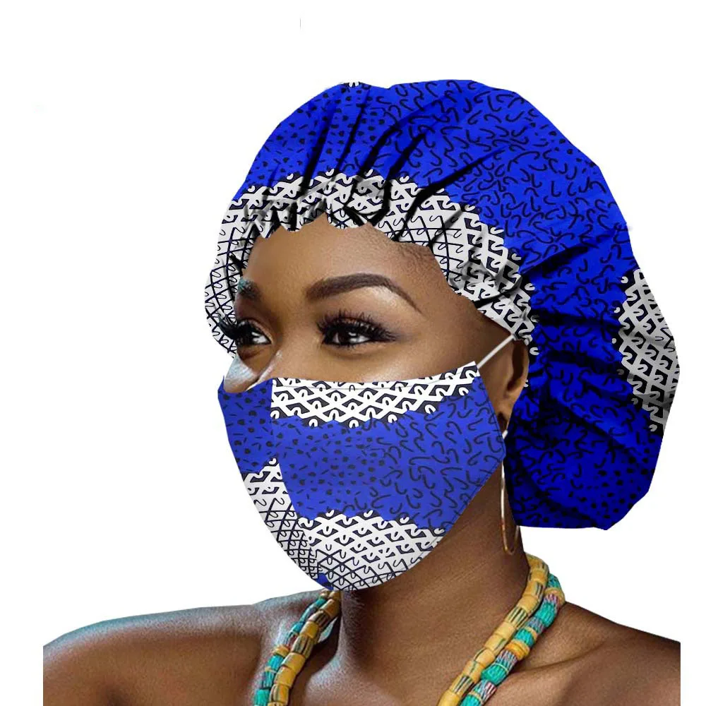 非洲kitenge棉女士非洲面料帽子与ma sks和耳环装饰非洲印花帽子帽