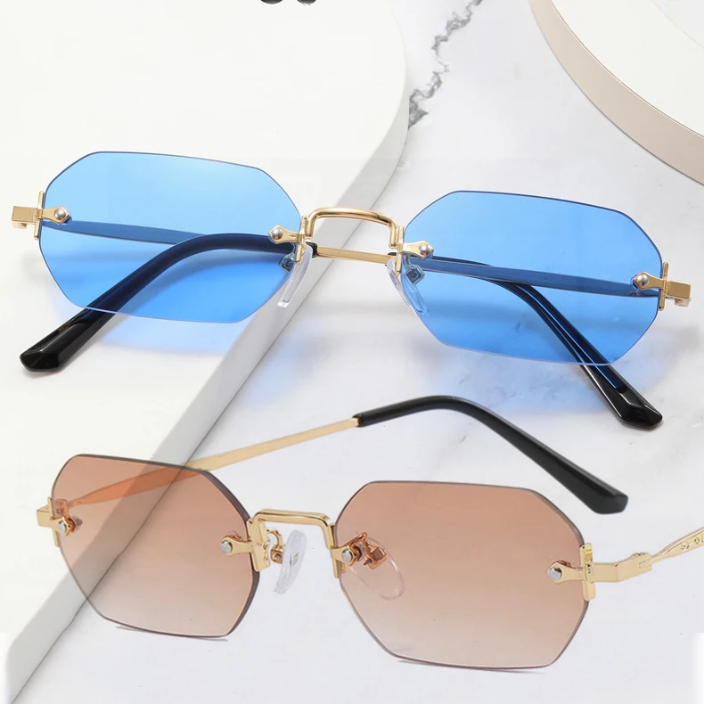 

91065 Luxury Rimless Rectangle Sunglasses 2023 Women UV400 Driving Gradient Sun Glasses Men Fashion Vintage Oculos De Sol