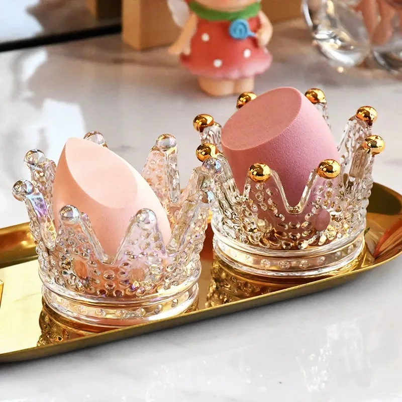 

Hot Selling Crystal Glass Crown Beauty Sponge Holder Crafts Cosmetic Storage Jewelry Rack Candlestick