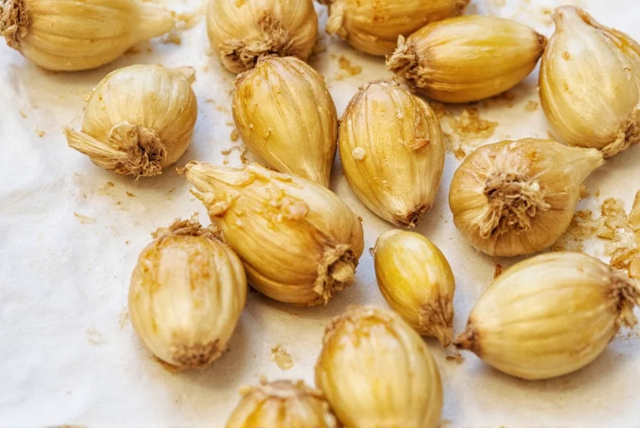 Fresh garlic cloves tossed in olive oil ready for roasting on a baking sheet