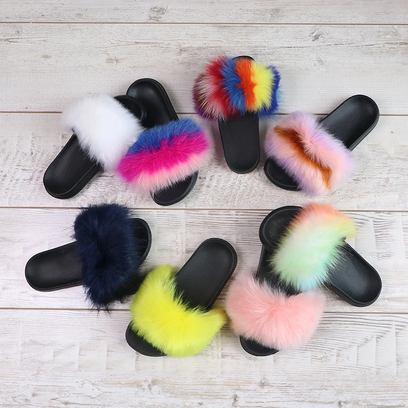 

Wholesale Women Summer Colorful Faux Fur Real Fox Fur Slides, Warm Winter Soft Ladies Fur Slide Slippers for Women, Customized color