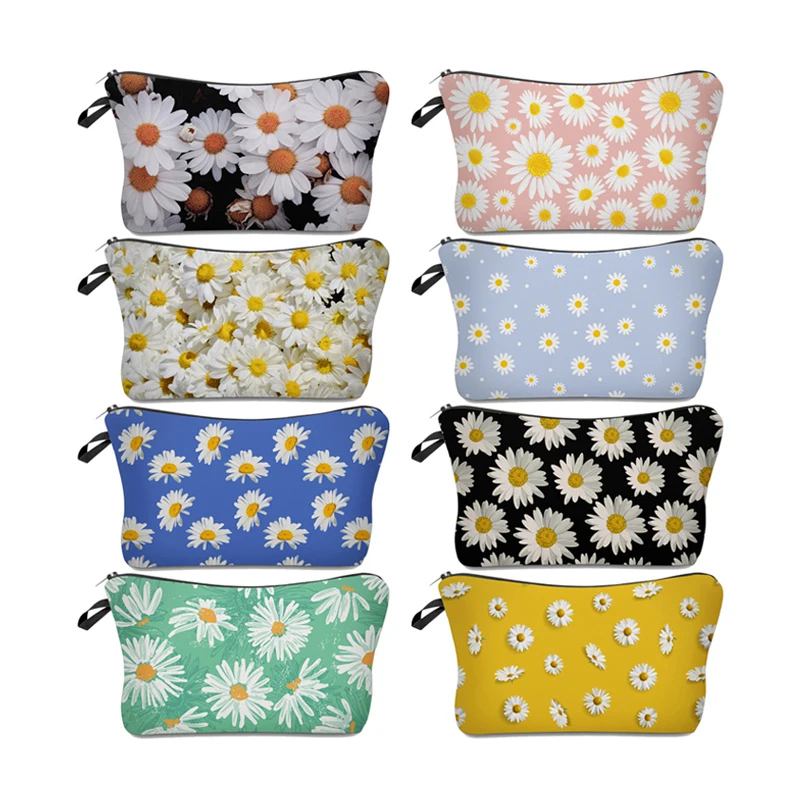 

Custom Printing Wholesale Women Girls Cute Fancy 3D Digital Printing Daisy Flower Print Floral Cosmetic Pouch Makeup Bag, 10 choices