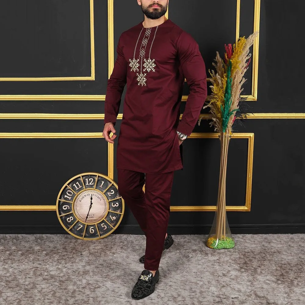 Embroidered Shirt Pants 2 Pieces Set Men Suits Plus Size Muslim Islamic Clothing Dashiki Long Sleeve Africa Ethnic Casual Adults