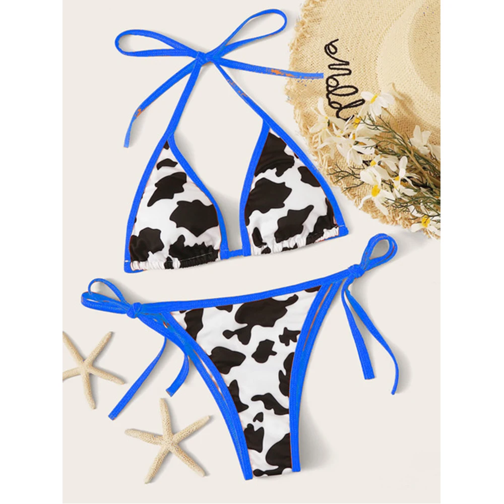 

Women clothing 2021 summer Bikini Set Women's Ladies Bathing Fashion Sexy Cow Print Triangle Halter Woman Bathing Suit, Picture shows