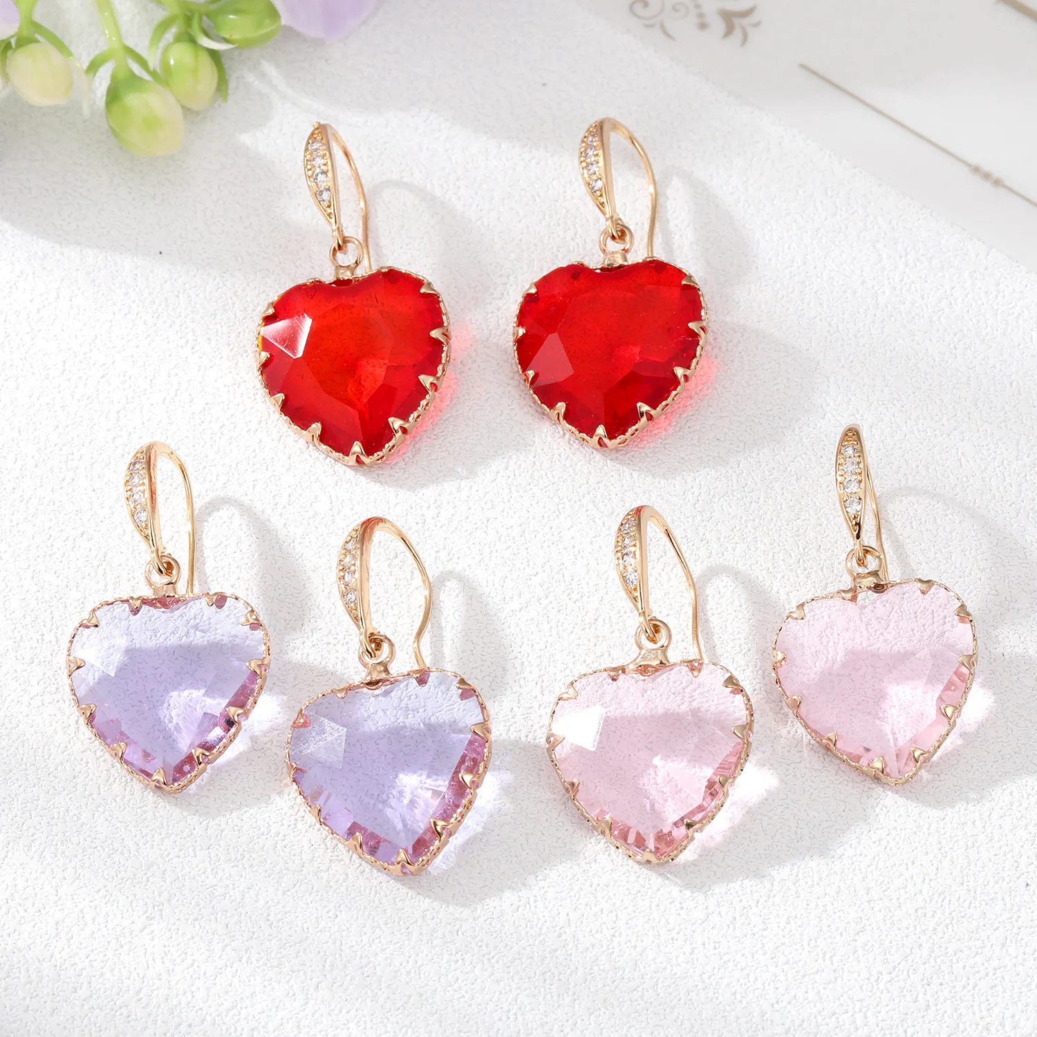 Wholesale Fashion Transparent Love Heart Drop Earrings Clear Faced Glass Crystal Heart Shape Dangle Earrings for Women Jewelry