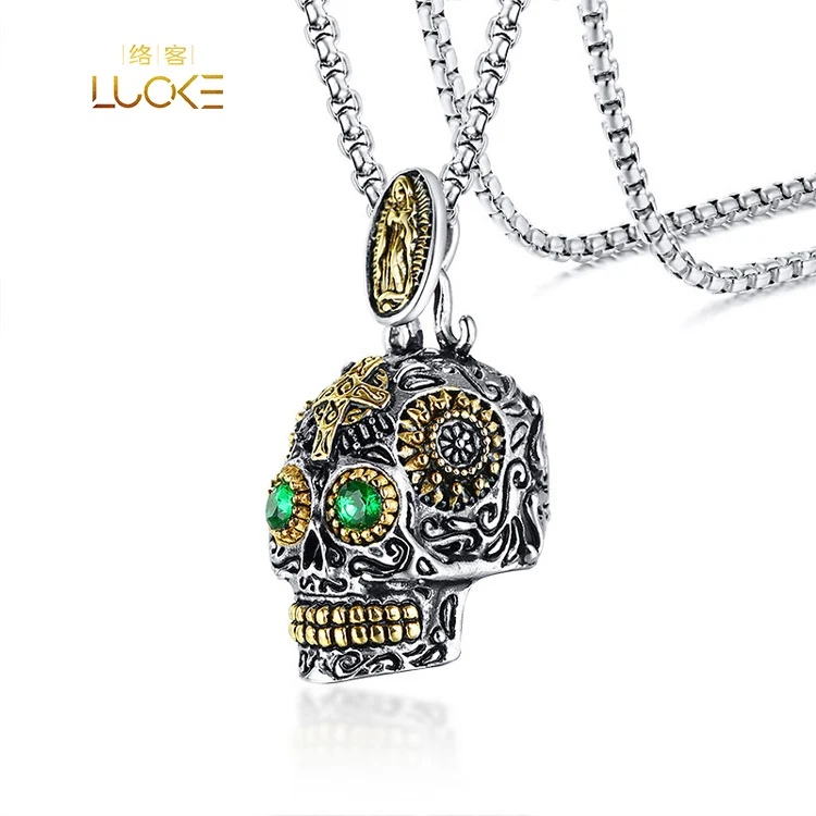 

Halloween Gift Mens Jewelry Necklace Stainless Steel Skull Head Pendant Punk Style Green Rhinestone Eye Ghost Pendant, Silver+gold