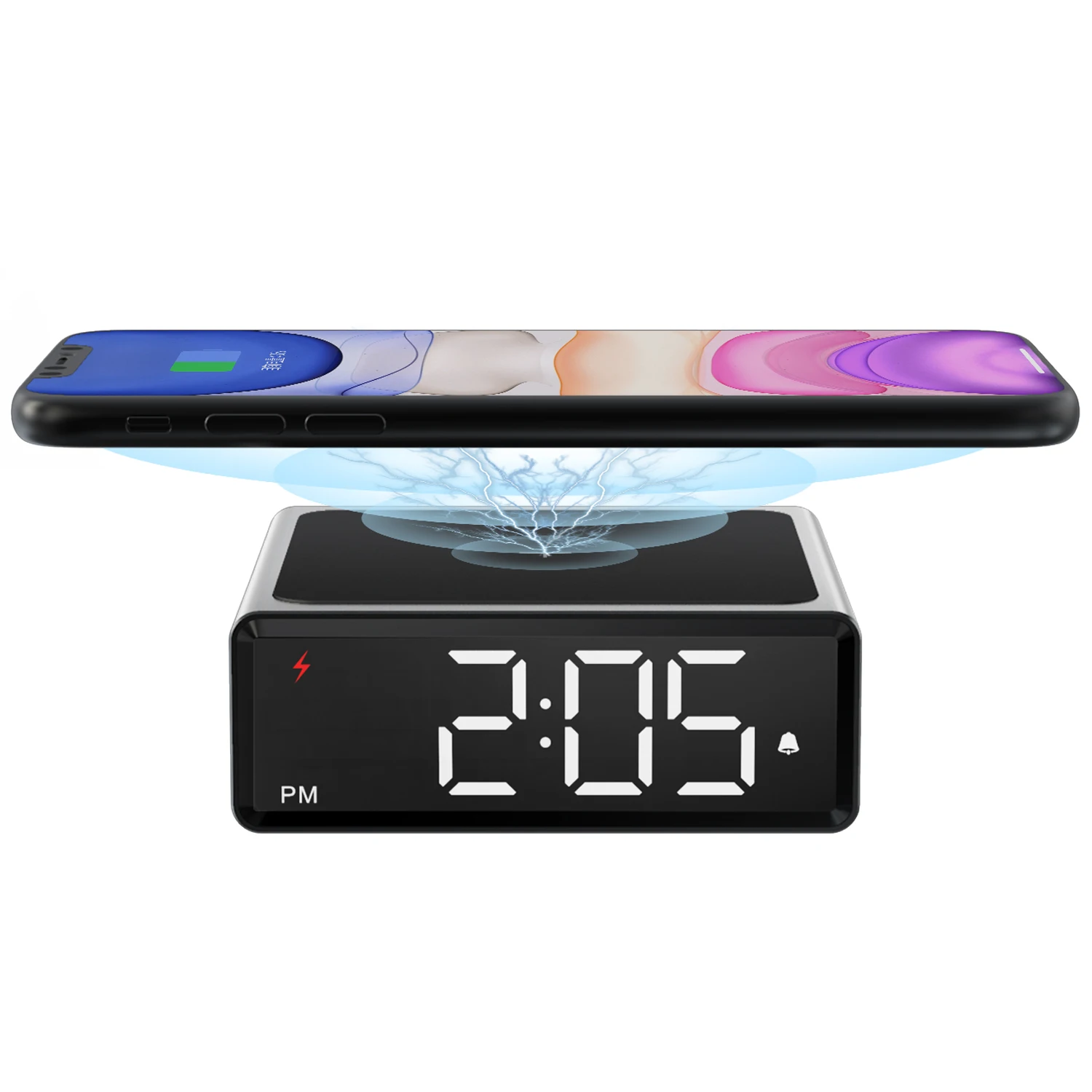 

2021 Amazon Hot Style Fast Charging For Applephone Smart Phone and BT earphone LED Digital Wireless Charger Alarm Clock