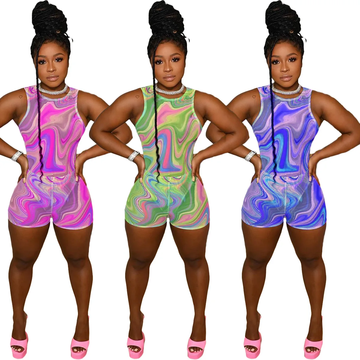 

L2751 - shorts and top fashion sexy sleeveless mesh printed women short pants two piece set