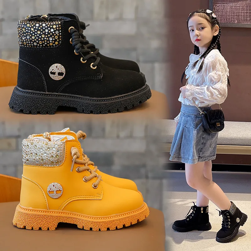 

Girls Martin Boots Fall/Winter New British Style Trend Retro Boots Big And Medium Children Soft-Soled Casual Boot Solid Color, Yellow/black