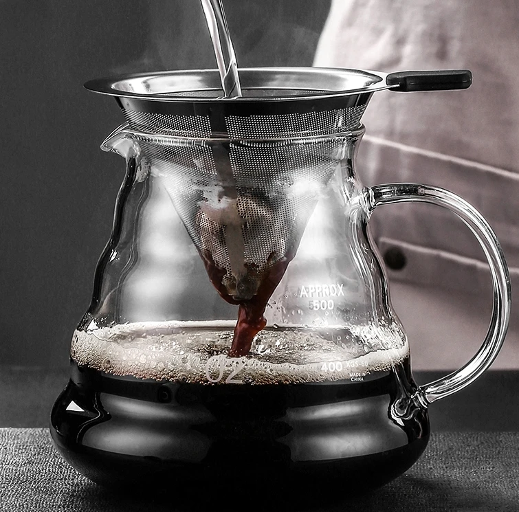 

Hot Selling Pour Over Coffee v60 Maker Reusable 304 Stailess Steel Tea Coffee Drip Water Filter Glass Pot, Silver