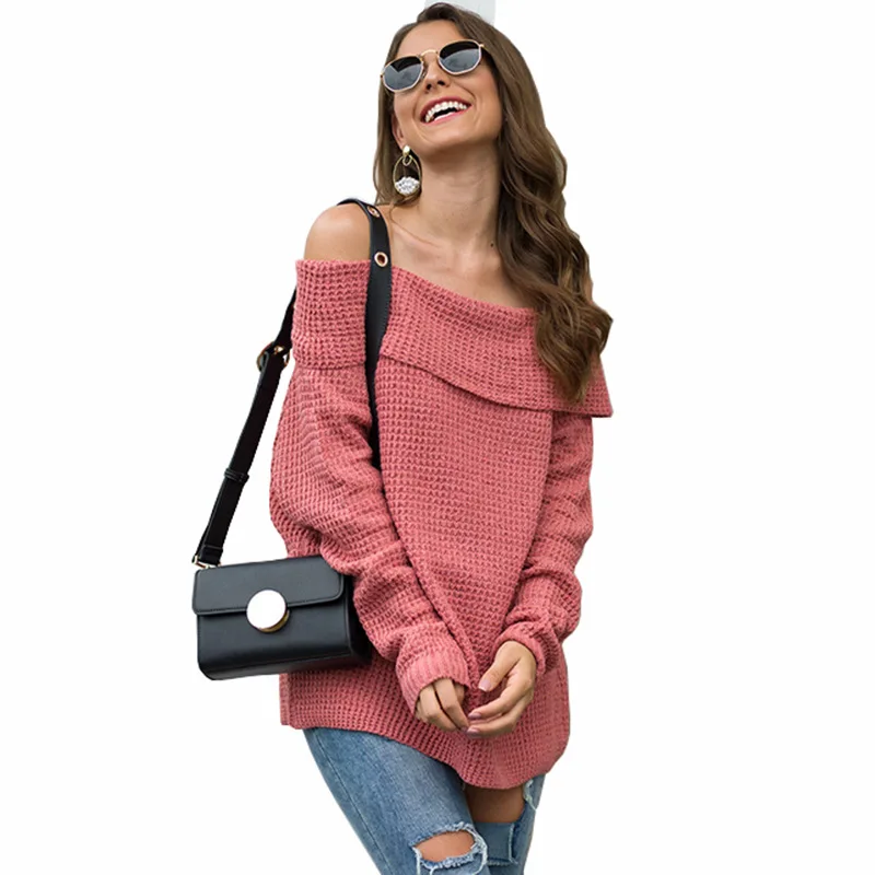 

Explosion style solid color off shoulder women knitted sweater ladies word collar loose sweater pullover