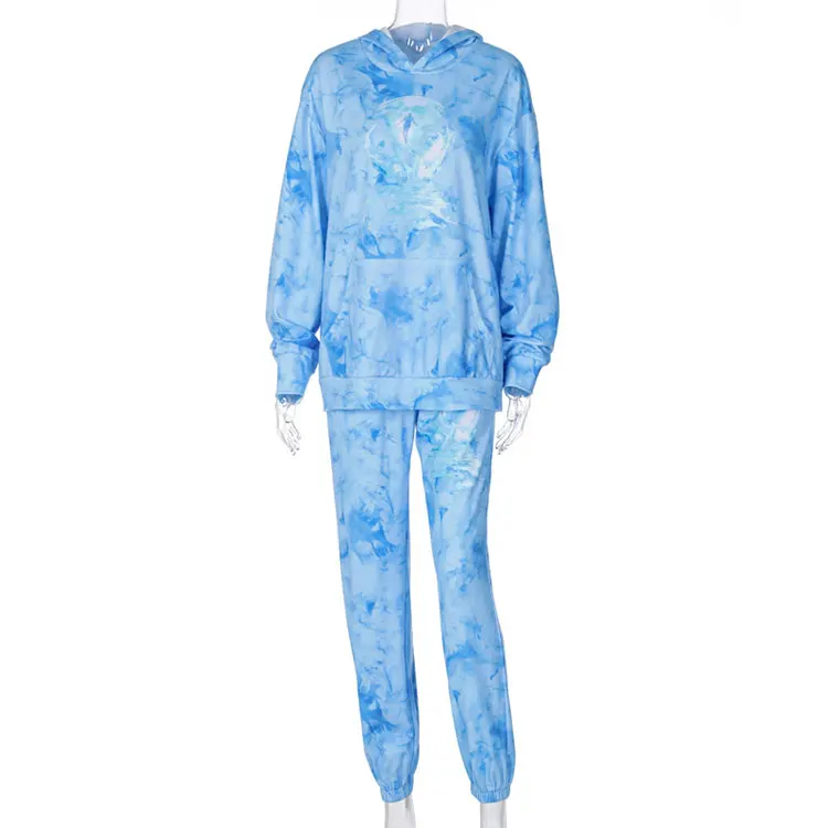 

Streetwear Printed Sweat Polyester Faded Color Jogging Hoodie Sets for Women, Blue