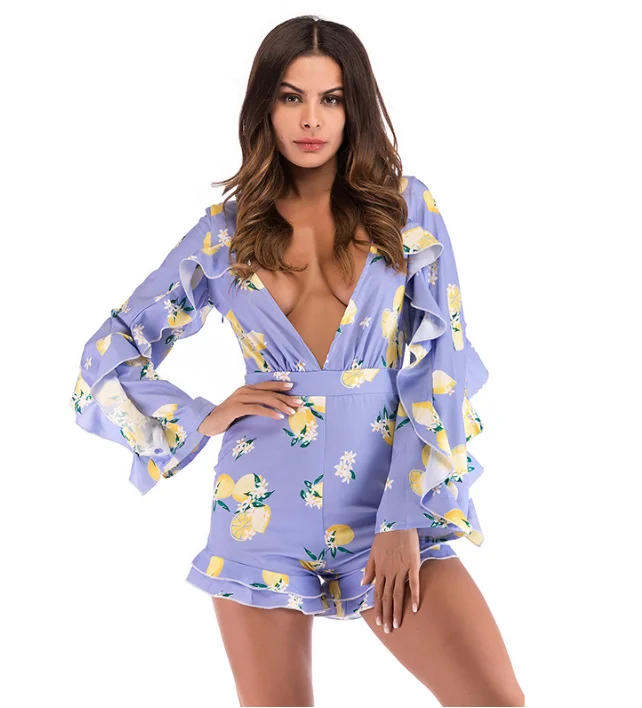 

QF1897 2019 new explosion models autumn women's sexy V-neck print jumpsuit