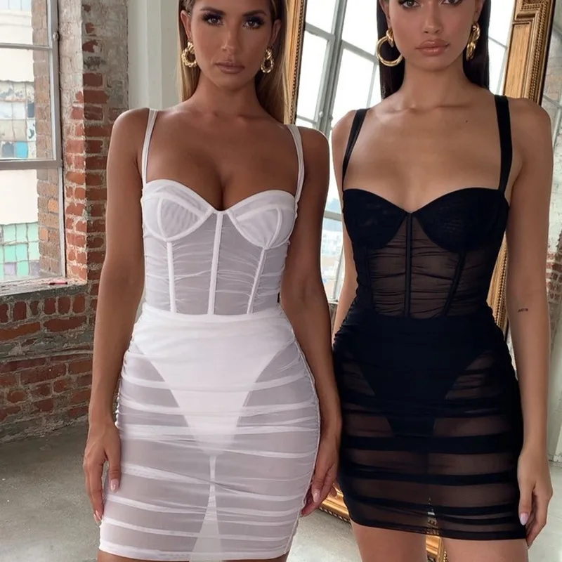 

Hot Selling Women Clothing Fashion Bodycon Sexy Lady Sleeveless Summer Spaghetti Strap Perspective Mesh Cool Dress