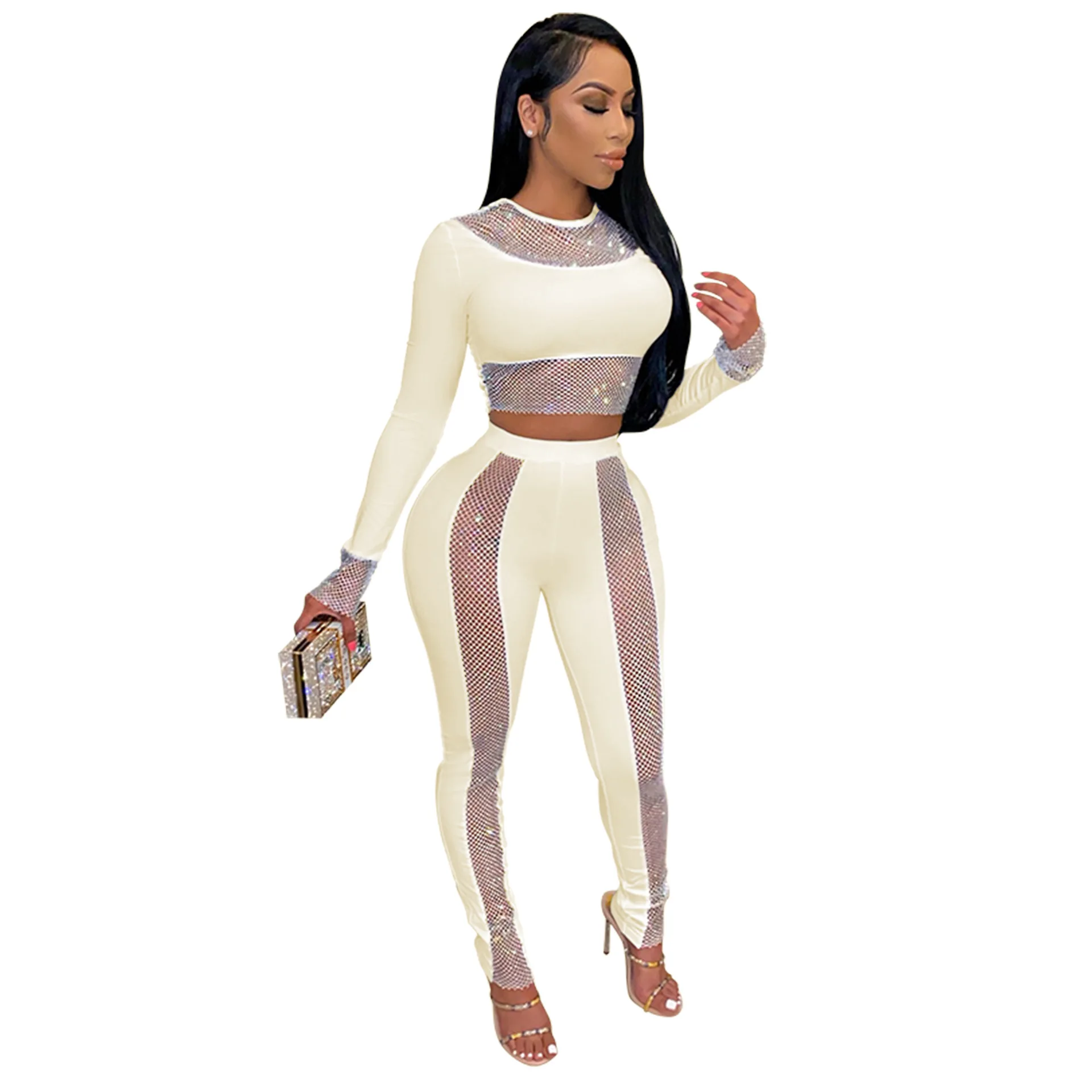 

2021 New Design Round Neck Long Sleeve Top High Waist Pencil Pants Casual Two-piece Set