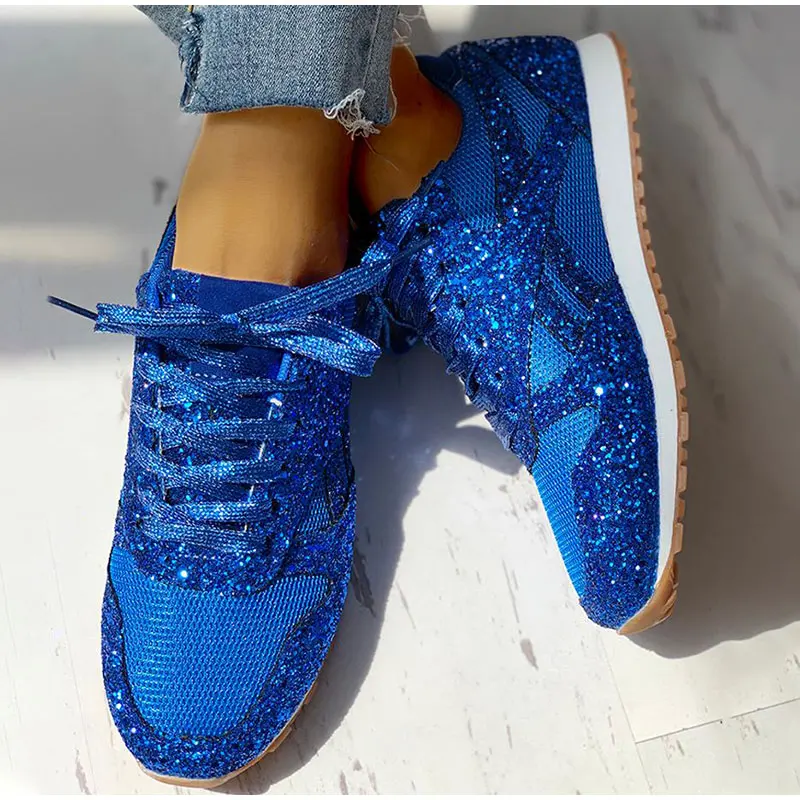Women Flat Glitter Sneakers Casual Female Mesh Lace Up Bling Platform