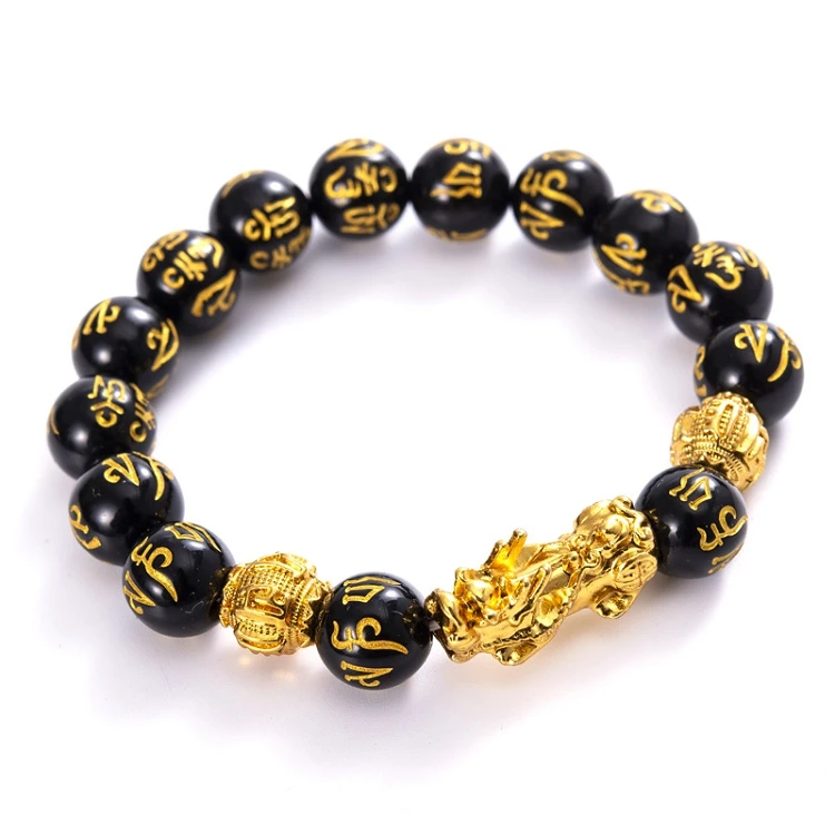 

G318 Black Obsidian Beads Wristband Jewelry Women Men Gold Pixiu Bracelet
