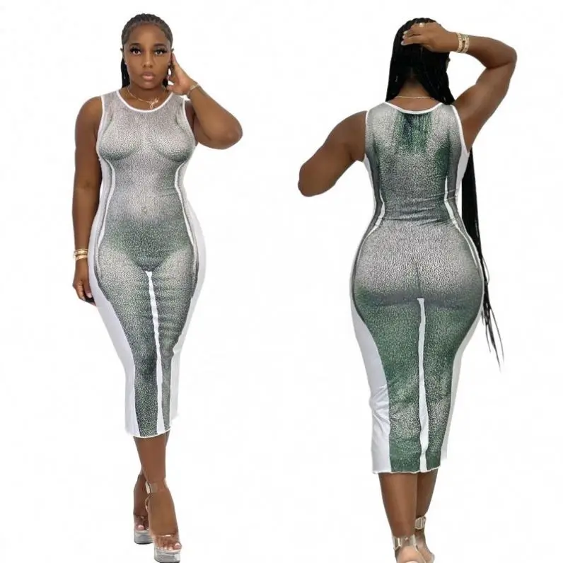 

Women's Nightclub Body Print Sleeveless Tight Fitting Sexy Club Dresses Bodycon Party Dress, White