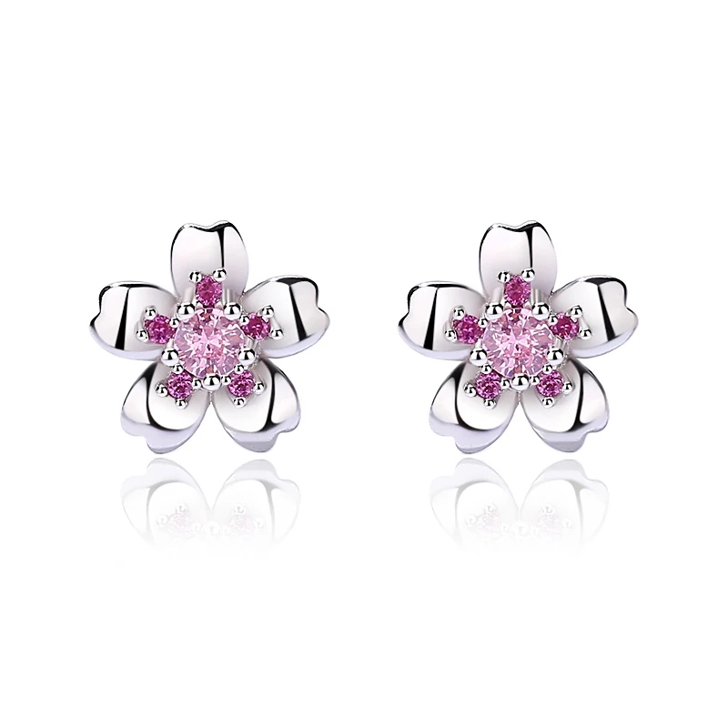 

new arrival women fashion Cherry blossoms flower shaped pink zircon delicate earrings stud jewelry
