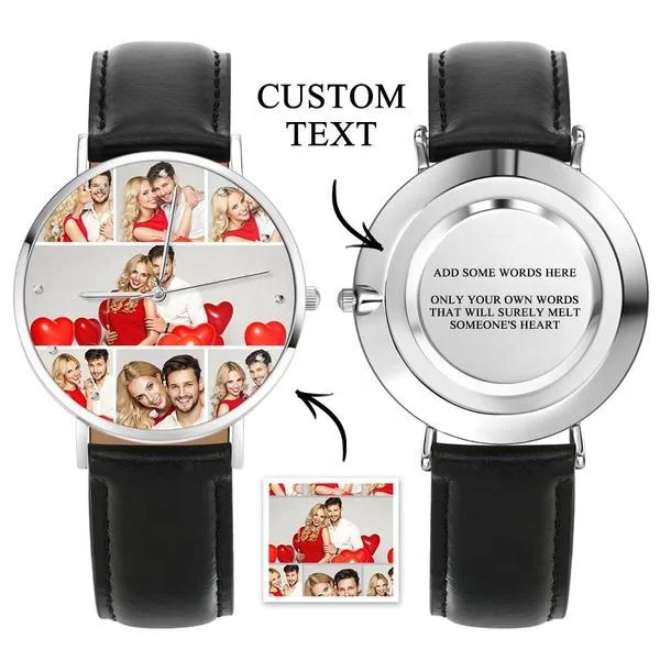 

Black Leather Strap Luxury Customize Watch Create Logo Photo Collage Couple Watch