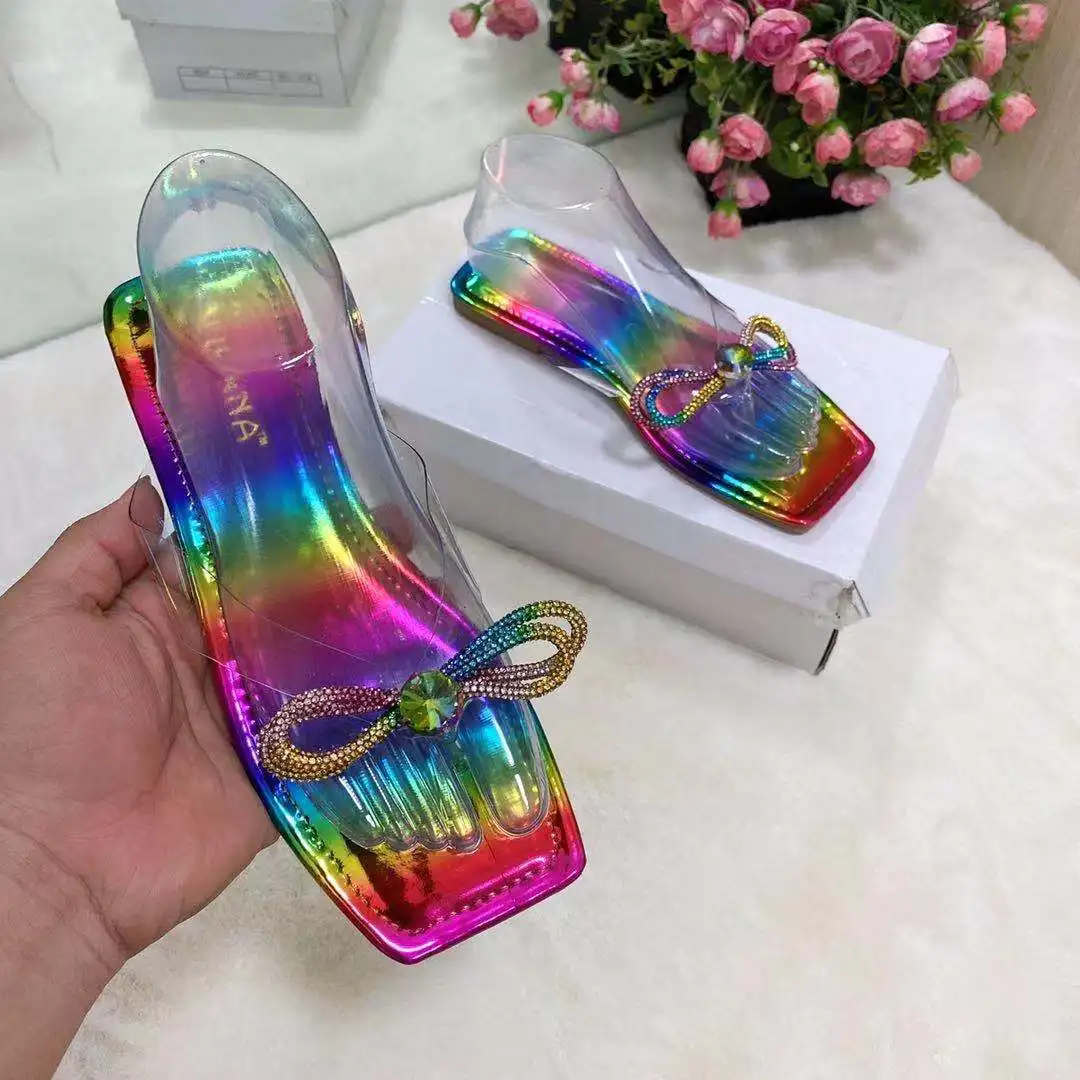 

flat sandals 2021 popular colorful Rhinestone sandals, fashionable and shining midsole women's slippers