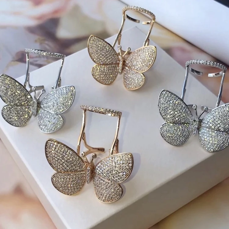 

Iced Out Bling CZ Diamond Pave Moving Butterfly Finger Rings Zircon Adjustable Butterfly Rings