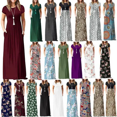 

Wellgold Wholesale Women's Sleeveless Racerback Loose Printing Maxi Dresses Casual Long Dresses with Pockets