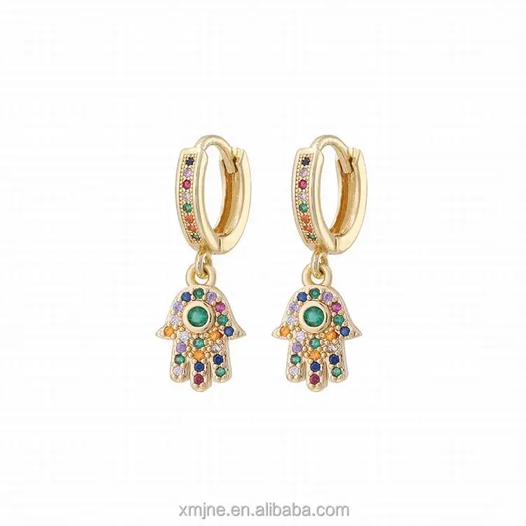 

European And American Copper Micro-Inlaid Zircon Earrings Creative Design Palm Retro Female Earrings Colorful Earrings