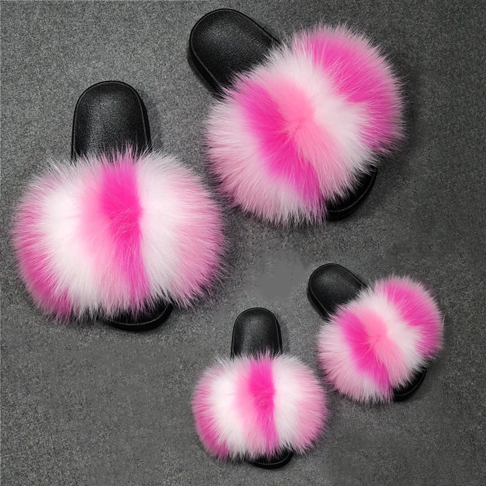 

2021 Hot Selling Pantuflas Colorful Toddlers Fur Slides For Women And Kids Raccoon Fashion Fur Slippers Mommy And Me Fur Slides, Customized color