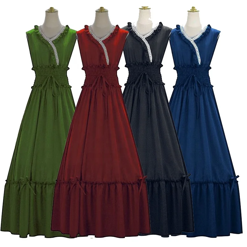 

Women Medieval Renaissance Dress Boho Petticoat Sleeveless Smocked Waist Retro Pleated Long Dress Costume