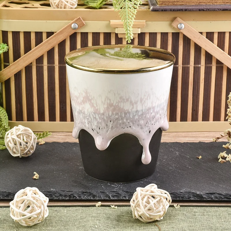 Cylinder matte ceramic candle jar handmade glazed candle holder with metal lid party decor