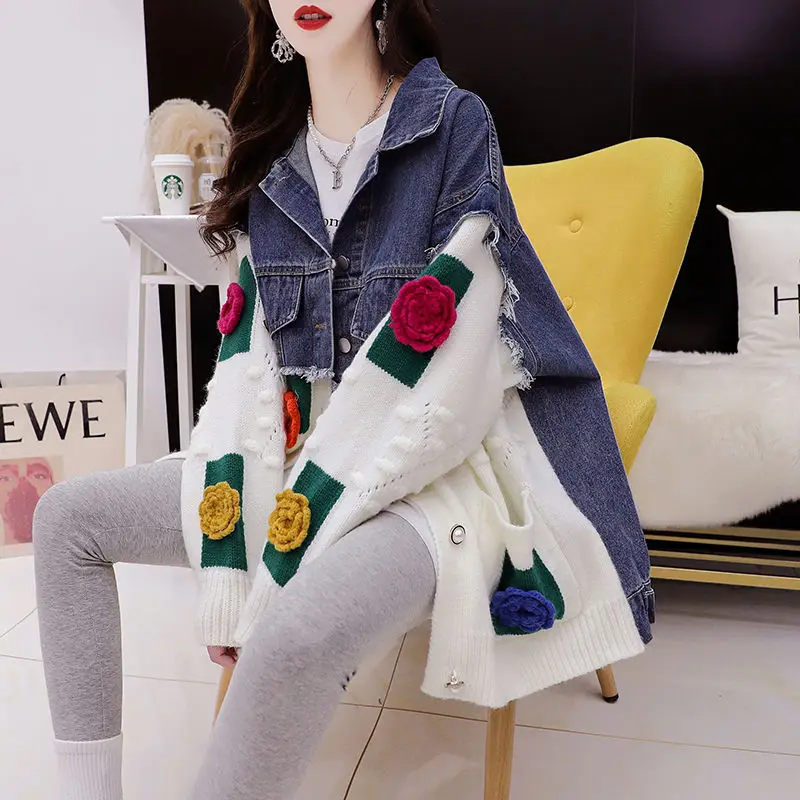 Boutique Wholesale 2026 Autumn New Fashionable Denim Spliced Sweater Loose Design Women's Jacket