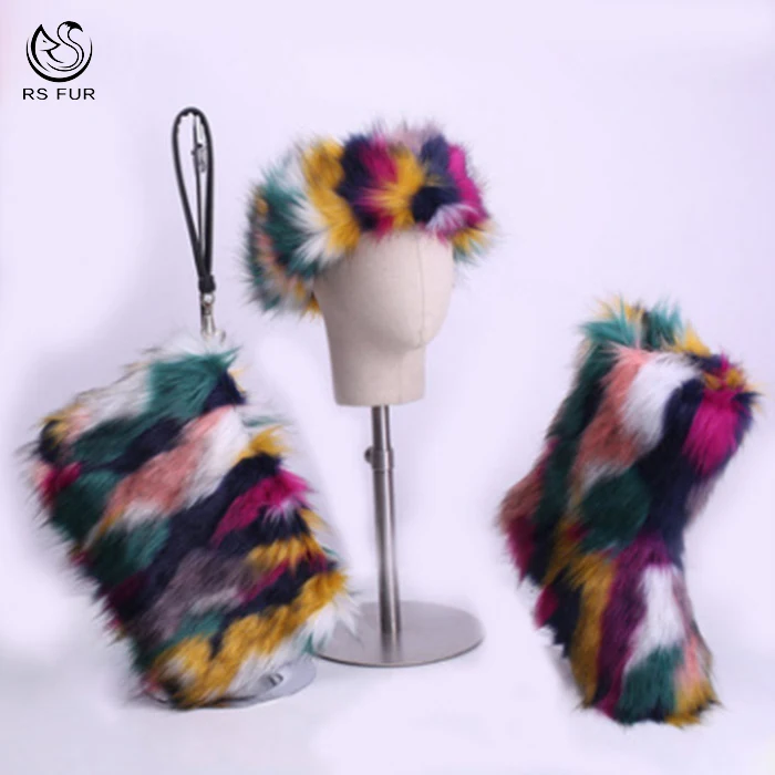 
Custom fashion colorful kids furry snow footwear women faux fur winter boots sets with headbands and purse 