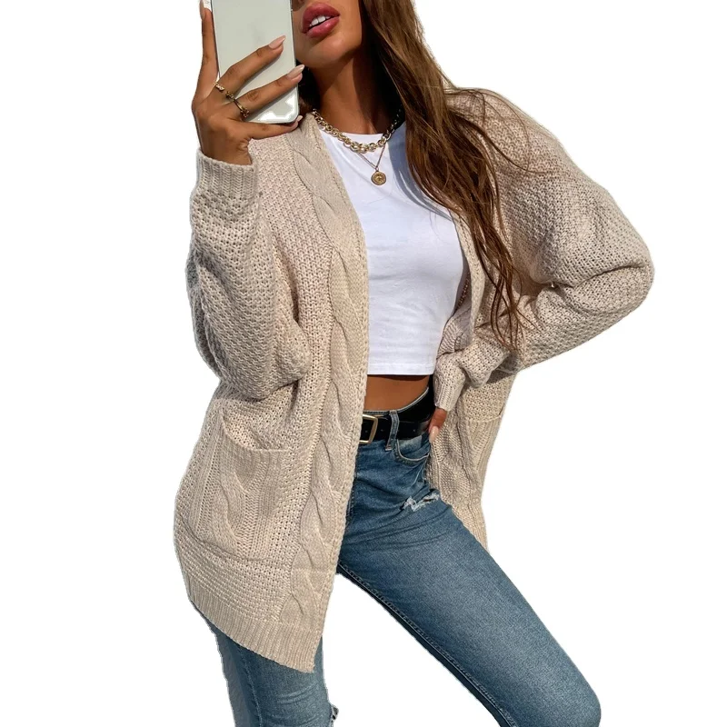 

100% Acrylic wholesale Medium length thick needle knitwear coat twist pocket cardigan sweater women, Blush,gray,apricot,brick red