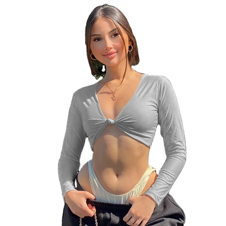 

New Long Sleeve V Neck Crop T Shirt Ladies Tops Women's t-Shirts Women Fashion Set Sexy, Black,gray,yellow,pink,white
