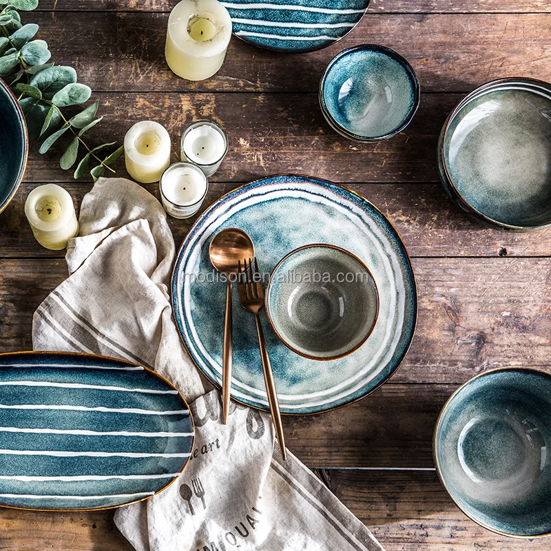 New Arrival Stoneware Blue Color Stripe Dinnerware Porcelain Dinnerware Ceramic Set