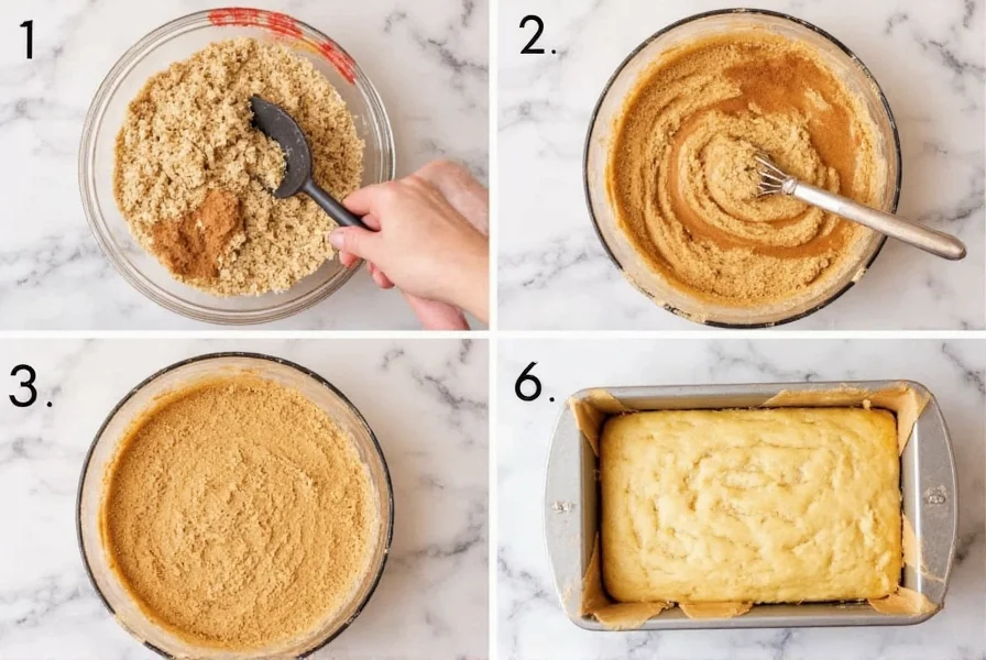 Step-by-step preparation of cinnamon keto bread showing almond flour mixture being swirled with cinnamon before baking