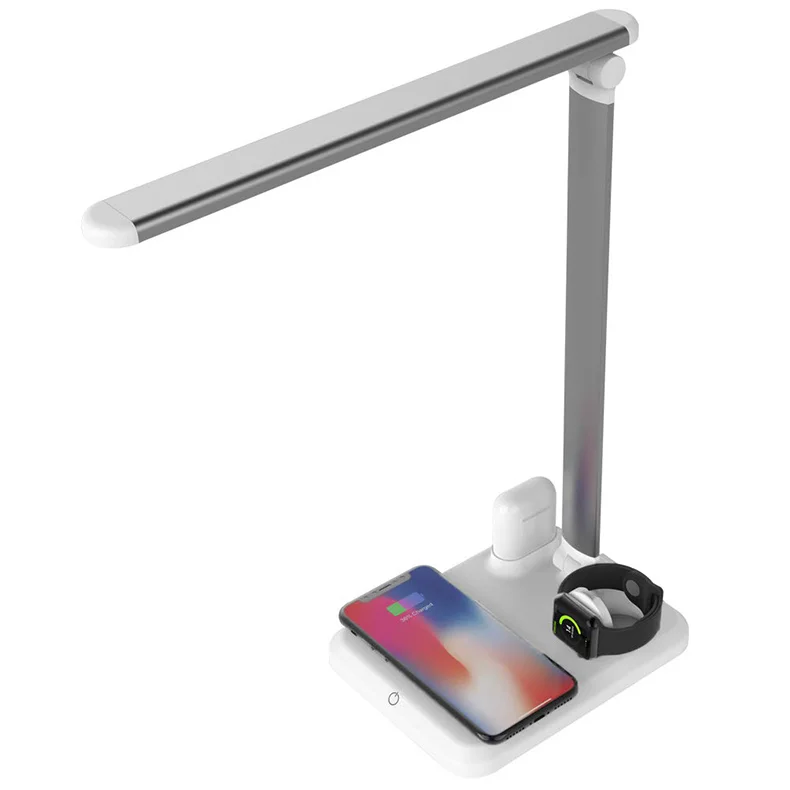 

4 in 1 Table Desk Lamp LED Light USB Charging Station Fast Wireless Dock Charger for Watch Earphones Mobile Phone, White
