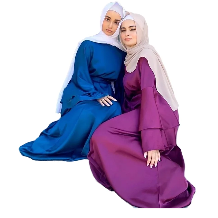 

Islamic Clothing 2021 Abaya Muslim Dresses Long Flare Sleeve Ramadan Gown Modest Fashion Satin Formal Turkey Islamic Dress, As shown