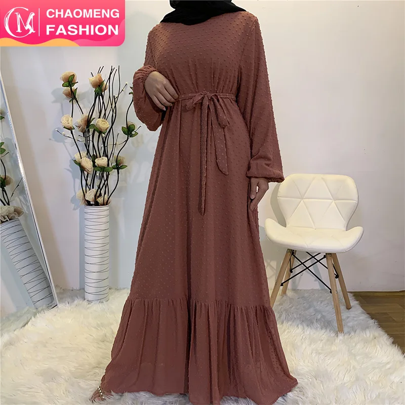 

6294# Muslim Popular Polka Dot Dress Full Lining Long Dress Turkish Islamic Clothing Abaya Dubai Maxi Dresses, Brown,blue, pink,navy, black